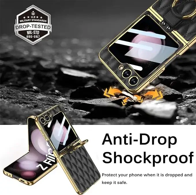 Samsung Galaxy Z Flip 6-Electroplated Leather Ring Full Lens Film Glass Case - Image 8